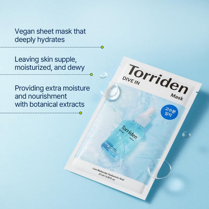 Torriden DIVE IN Low Molecular Hyaluronic Acid Facial Sheet Masks (12ea/15ea), Moisturizing Sheet Mask for daily use