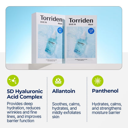 Torriden DIVE IN Low Molecular Hyaluronic Acid Facial Sheet Masks (12ea/15ea), Moisturizing Sheet Mask for daily use