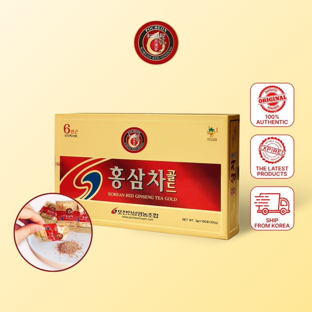 POCHEON Korean Red Ginseng Tea Gold 100 Tea Bags, 15% Ginseng Extract, Natural Immune Support