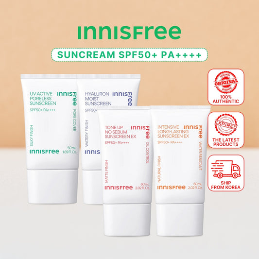 Innisfree Sunscreen UV Active Poreless 50ml, Intensive Long-lasting EX 60ml, Tone Up No Sebum EX 60ml, Hyaluron Moist 50ml - SPF Protection & Hydration