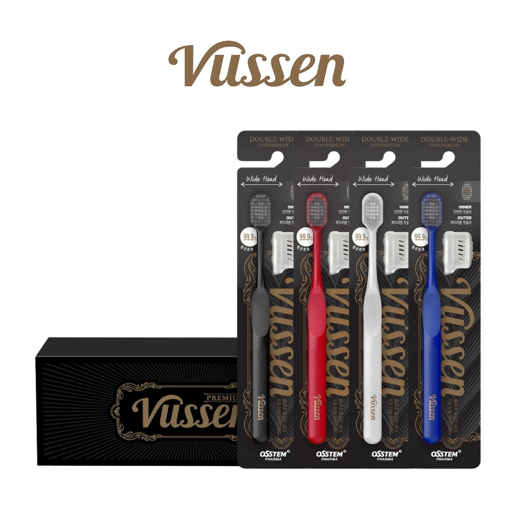 Vussen Double Wide Toothbrush Set (4EA) + Cap Premium Oral Care Brand/Plaque Removal/Antibacterial