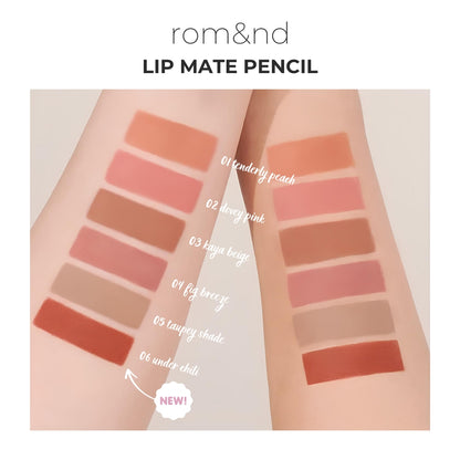 [rom&nd] Romand Lip Mate Pencil - 6 Colors Waterproof Lip Liner for Long-Lasting Lip Makeup