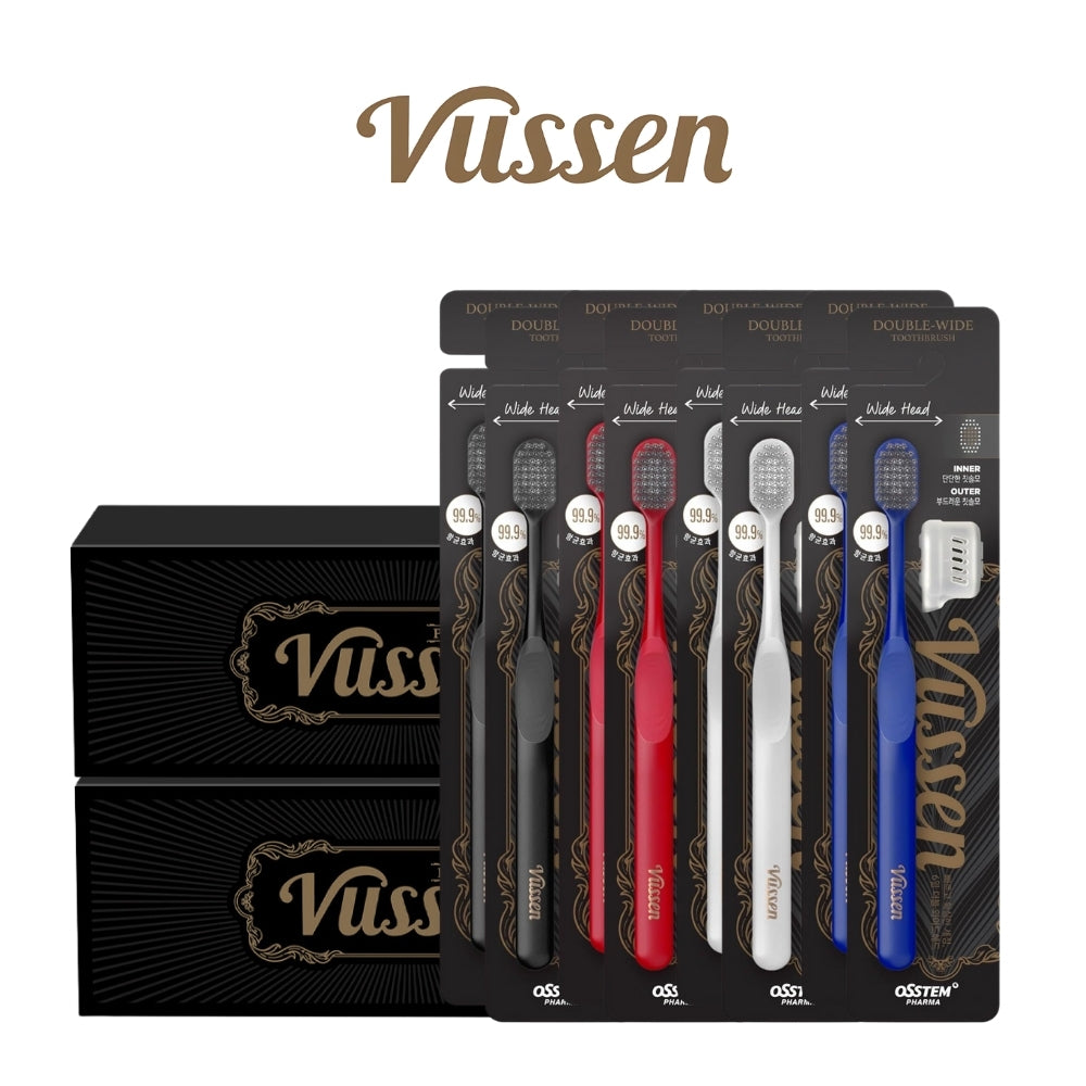 Vussen Double Wide Toothbrush Set (4EA) + Cap Premium Oral Care Brand/Plaque Removal/Antibacterial