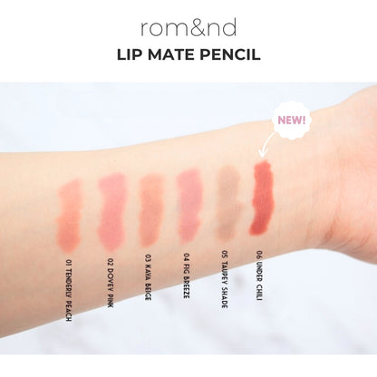 [rom&nd] Romand Lip Mate Pencil - 6 Colors Waterproof Lip Liner for Long-Lasting Lip Makeup