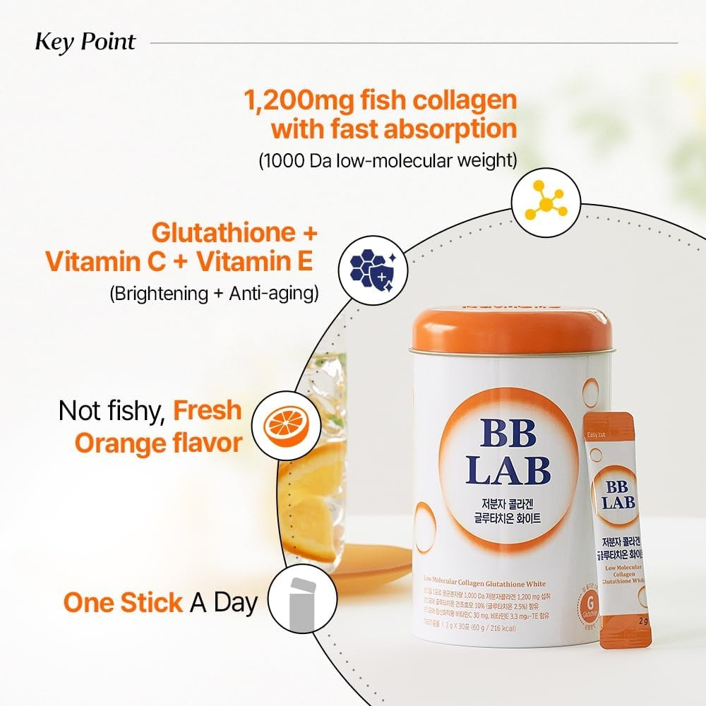 BB Lab Low Molecular Collagen Glutathione White 2g x 30 sticks / Orange Flavor Powder / Collagen for Brightening