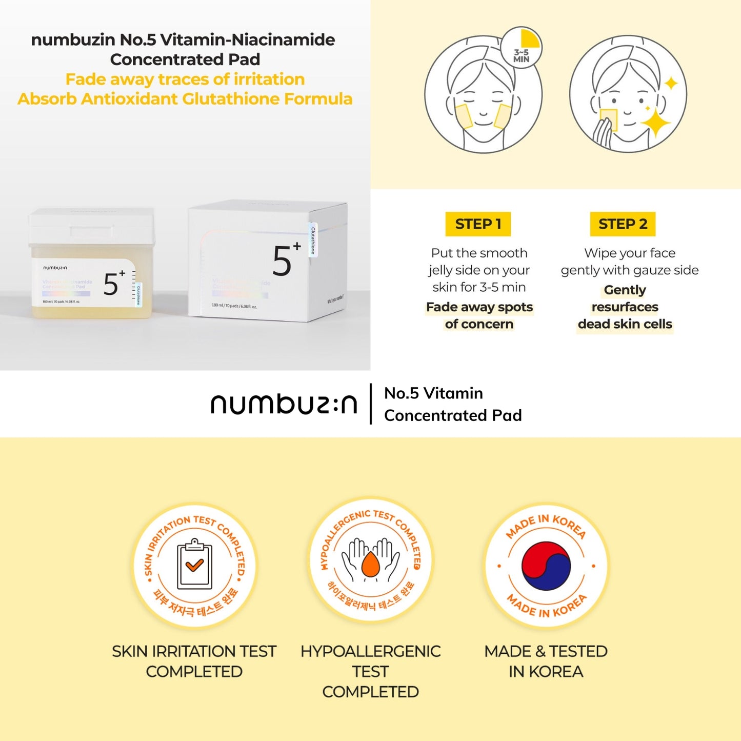 Numbuzin No.5 Glutathione Niacinamide Skincare Pads | Brightening & Anti-aging | 70 Sheets