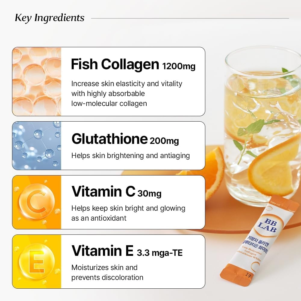 BB Lab Low Molecular Collagen Glutathione White 2g x 30 sticks / Orange Flavor Powder / Collagen for Brightening