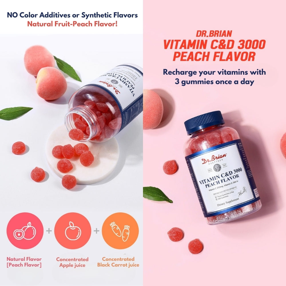 Dr.Brian Vitamin C&D 3000 Peach Flavor 100 Gummies | Vitamin Jelly | Nutritional Dietary Supplement