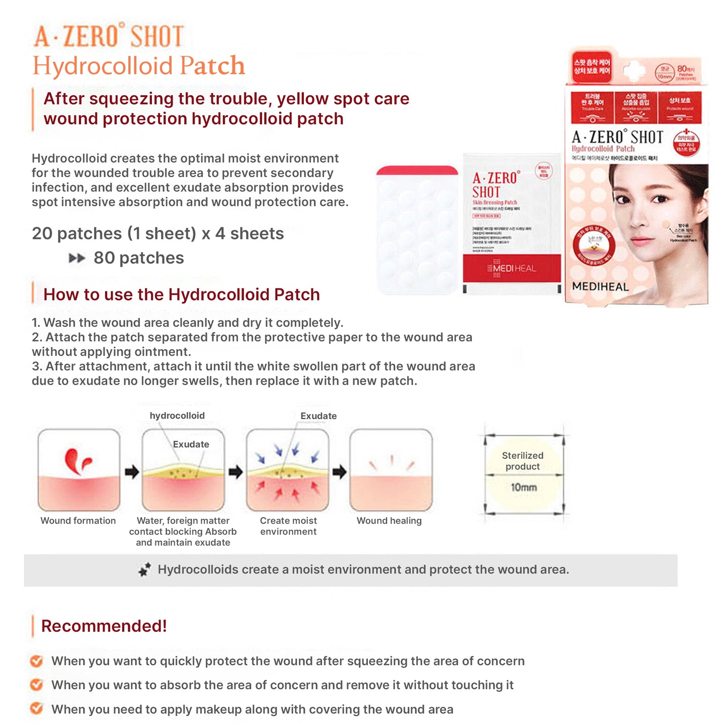 MEDIHEAL A-Zero Shot Skin Dressing Patch for Trouble Spots (80 Patches) - Korean Skincare Acne Treatment