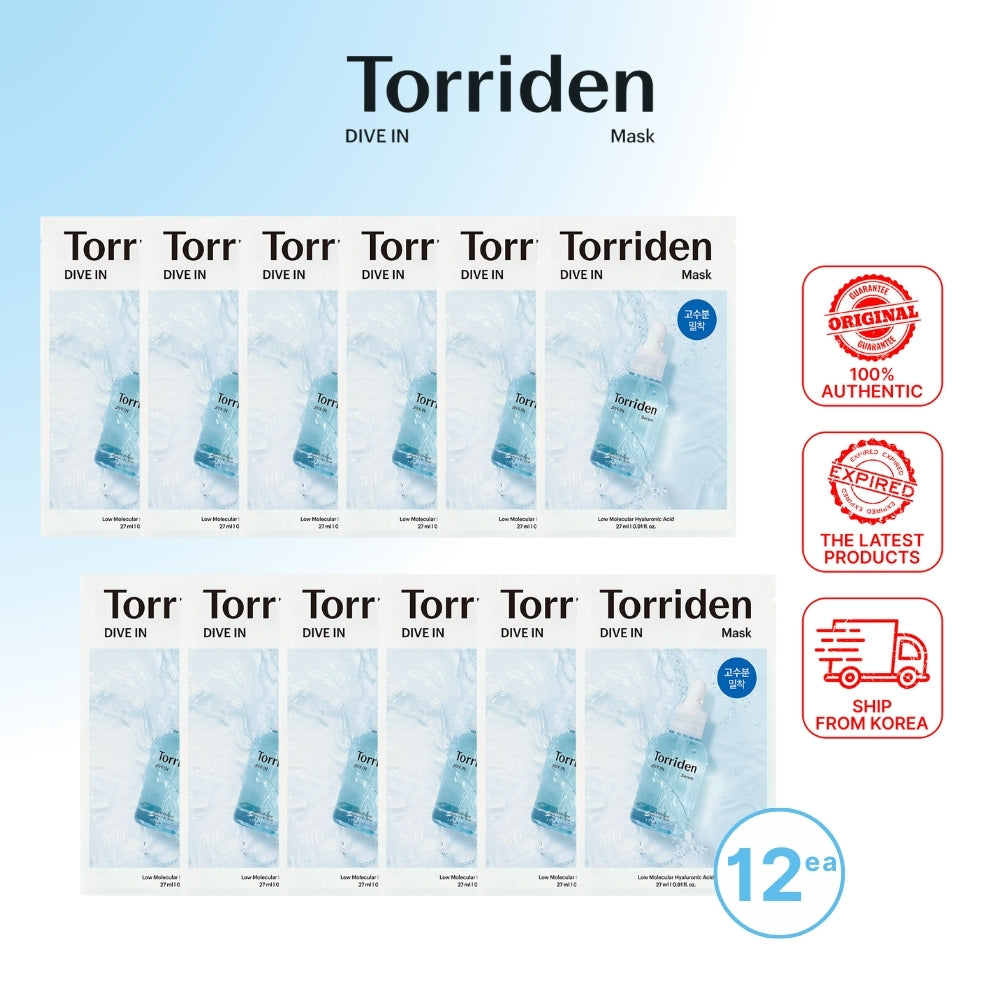 Torriden DIVE IN Low Molecular Hyaluronic Acid Facial Sheet Masks (12ea/15ea), Moisturizing Sheet Mask for daily use