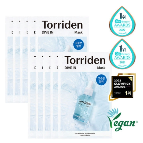 【Torriden】 Dive-In Low Molecule Hyaluronic Acid Mask Sheet 10ea. Malachite Extract. 5D-Multi-Hyaluronic acid. D-Panthenol. Deep Hydrating. Dry Skin.