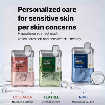 MEDIHEAL Nude Gel Mask Set - 5/10pcs (Collagen, NMF, Tea Tree) for Moisturizing Skincare