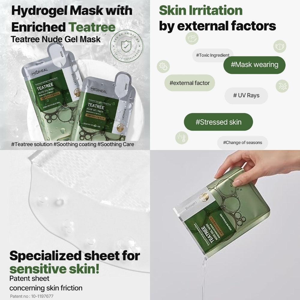 MEDIHEAL Nude Gel Mask Set - 5/10pcs (Collagen, NMF, Tea Tree) for Moisturizing Skincare