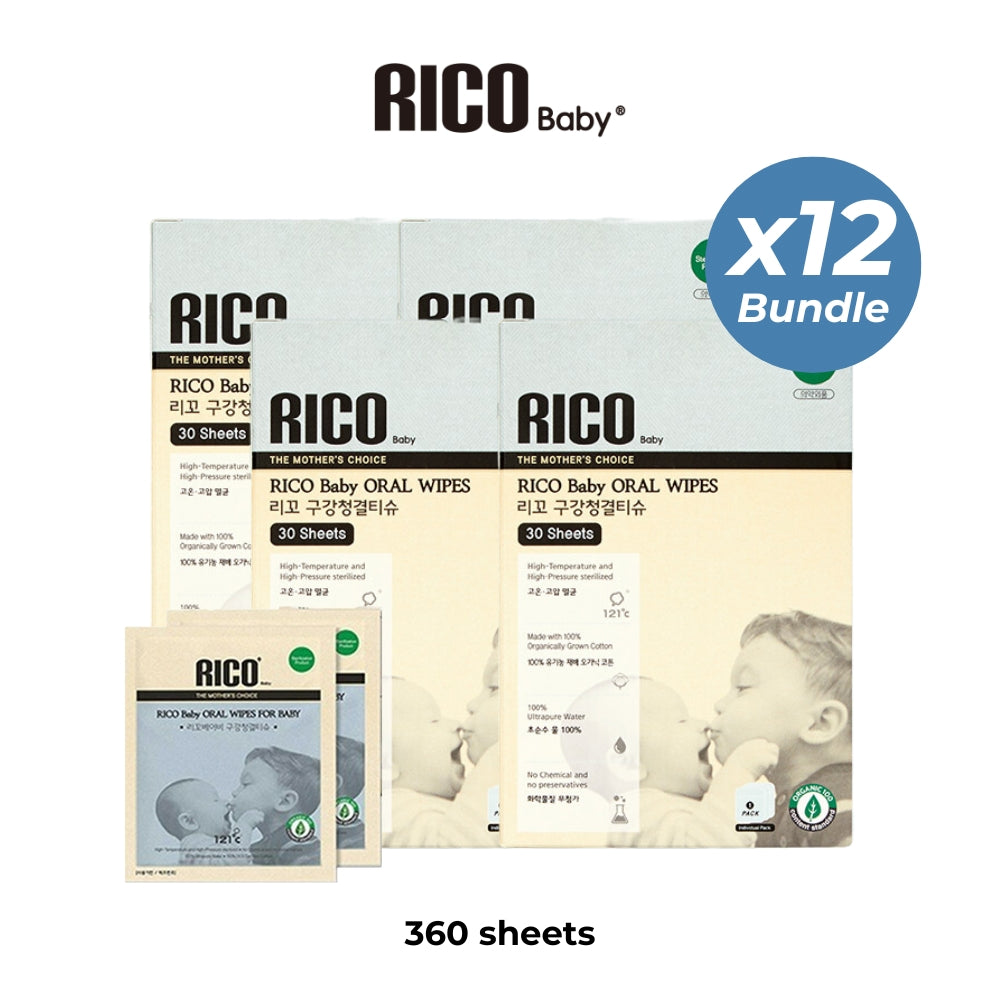 RICO 100% Organic Cotton Baby Oral Wipes Bundle - Gum & Tooth Care Tissues (12 boxes)